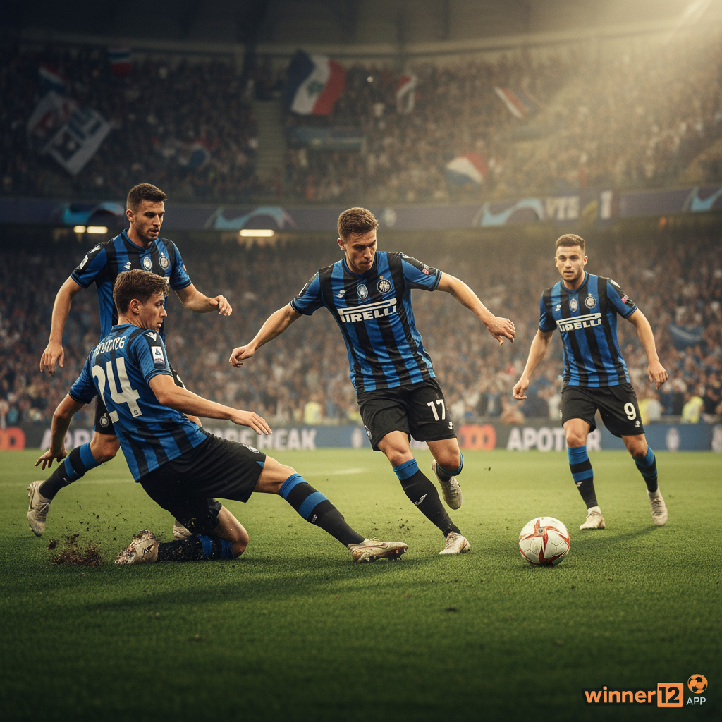 Alt text: Realistic poster of Atalanta vs Club Brugge intense soccer match showing players in authentic English kits executing fast counterattacks and dynamic attacks on a lush green pitch under stadium lights, with subtle “winner12.ai” branding in the corner, capturing the excitement and tactical intensity of European club football.