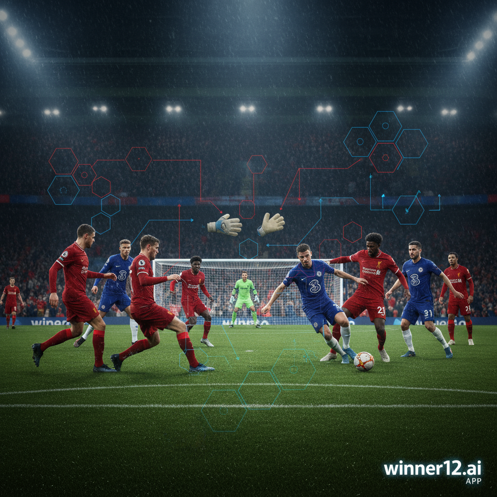 利物浦与切尔西英超激烈对决，球员动态拼抢场面，阿利森缺阵空门手套特写，战术分析透明图叠加，winner12 APP官方预测标志