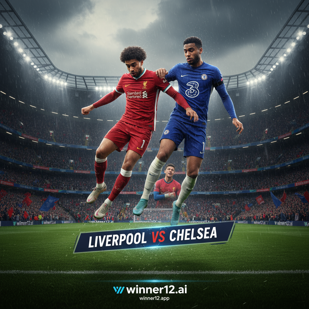 Alt text: Realistic poster of a tense Premier League match between Liverpool in red and Chelsea in blue, featuring dynamic player action on a lush green pitch, a packed stadium under dramatic lighting, subtle indication of Alisson’s injury affecting Liverpool’s defence, authentic team logos and gear, and tasteful winner12.ai branding, capturing the high-stakes English football atmosphere.