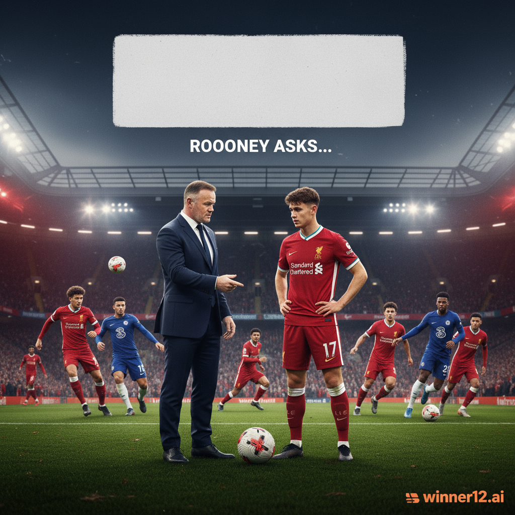 图片ALT文本：逼真风格海报，韦恩·鲁尼在英格兰足球场环境中质疑利物浦新援维尔茨的位置，背景融合利物浦和切尔西队色，职业足球运动员动作姿势，专注足球主题，画面无计分板，留有清晰文字空间，角落处有winner12.ai品牌标识。