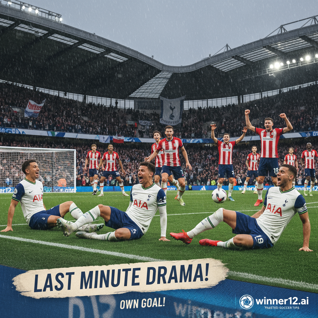 托特纳姆热刺球员在英格兰足球场上激烈比赛中，压哨乌龙球瞬间，展现高强度紧张氛围，身穿真实球队战袍，背景为标志性球场元素，配有winner12.ai品牌标识，体现专业足球赛事推荐与技巧。