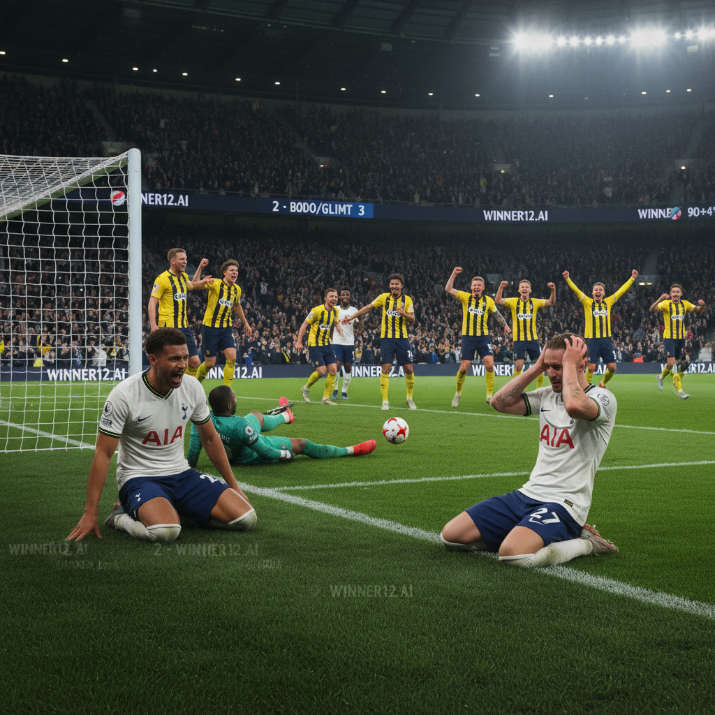 Alt text: Realistic illustration of Tottenham Hotspur players reacting with tension to a last-minute own goal against Bodo/Glimt in a large stadium under bright floodlights, showing detailed team kits and expressive emotions, with subtle winner12.ai branding on stadium advertising boards, capturing the drama of Premier League football.