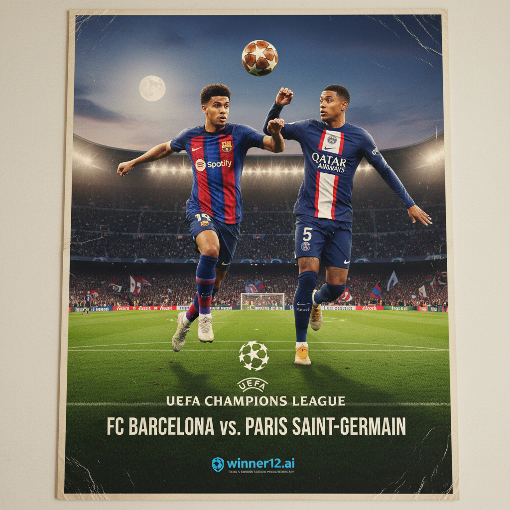 图片ALT文本：巴塞罗那与巴黎圣日耳曼欧冠焦点战海报，展示经典英式皮球、绿茵场地和身穿真实球衣的球员动态瞬间，体现顶级欧洲足球赛事的激烈氛围，Winner12.ai微妙品牌标识，今日足球预测权威推荐。