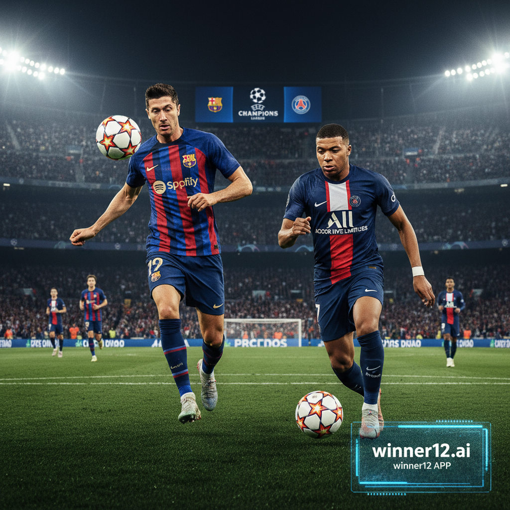 ALT text: Hyper-realistic poster of UEFA Champions League football match between Barcelona and PSG featuring star forwards Robert Lewandowski and Kylian Mbappe in dynamic action on a vibrant green pitch inside a packed stadium under bright floodlights, showcasing Barcelona’s blue and red kit against PSG’s navy and red, with subtle “winner12.ai” digital branding overlay.