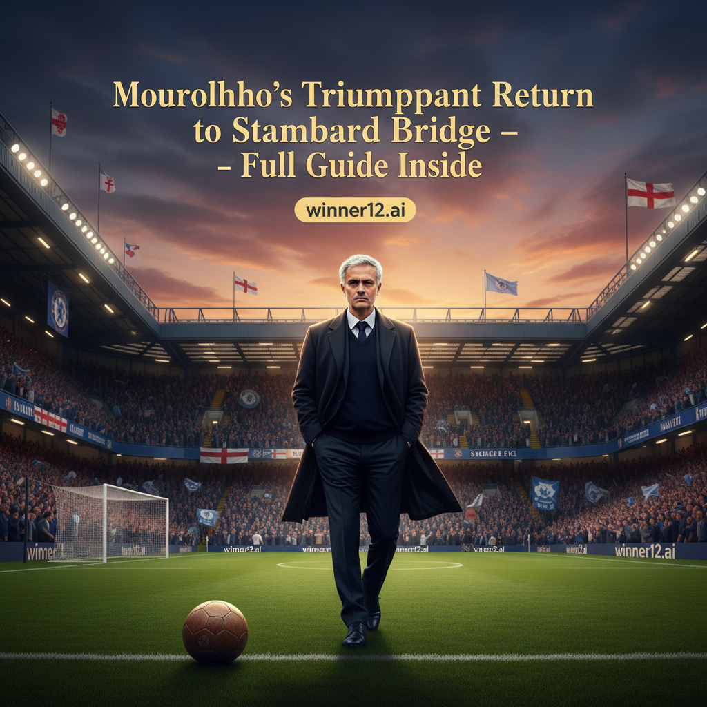 穆里尼奥自信走向斯坦福桥球场，身穿蓝色围巾的球迷热情欢呼，经典皮球和球门构成英式足球氛围，海报上带有“Mourinho’s Triumphant Return to Stamford Bridge – Full Guide Inside”文字覆盖，背景中醒目标识winner12.ai，展现足球赛事分析预测主题