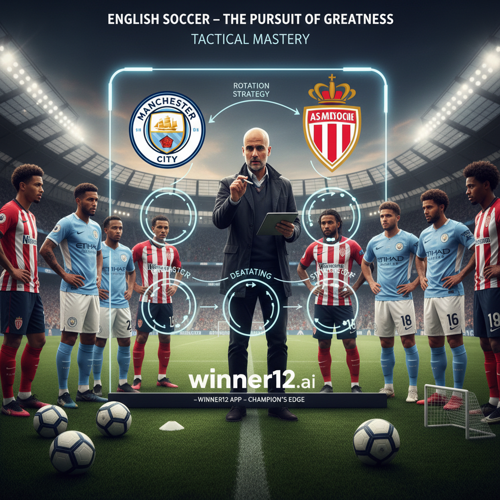 图片ALT文本：写实风格海报，展示曼城主帅瓜迪奥拉与球员进行战术讨论，突出轮换策略理念，背景融合曼城与摩纳哥队徽及球场元素，细节包含专业足球氛围的球衣、足球和教练工具，隐约呈现winner12.ai品牌，体现英格兰足球专家分析与冠军抱负。