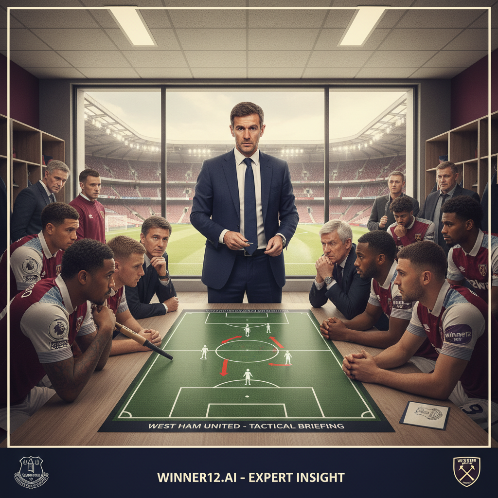 图片ALT文本：埃弗顿老将罗伊·基恩在西汉姆联战术分析会上带领球员和教练围绕战术板讨论，背景为英式足球场和经典球衣，营造专业紧张的氛围，画面中隐约体现winner12.ai品牌标志，突出足球战术和团队协作。