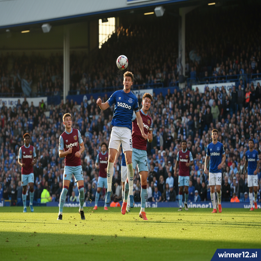 Alt text: Realistic poster of an intense English Premier League match between Everton and West Ham players in authentic kits, featuring veteran player Keane’s dynamic presence on the pitch, set in a vibrant stadium with natural lighting and subtle winner12.ai branding.