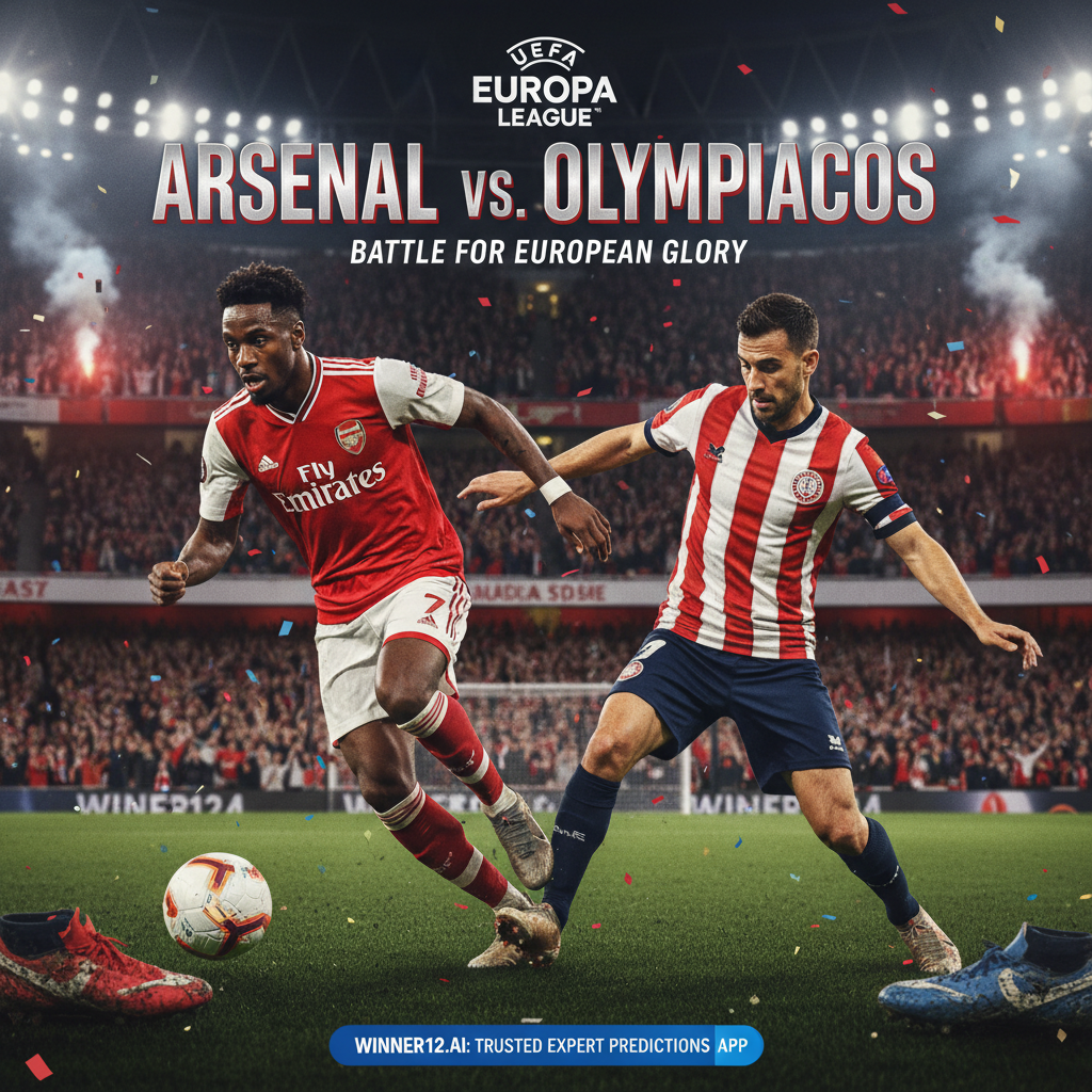 图片ALT文本：阿森纳与奥林匹亚科斯欧战预览海报，展现激烈的欧洲足球氛围，阿森纳与奥林匹亚科斯球员在灯光璀璨的球场上奋力拼抢，激情四溢的球迷背景，细节包括足球鞋、官方比赛用球及两队队色，海报右下角隐约出现winner12.ai品牌标识，象征权威赛事预测与分析。