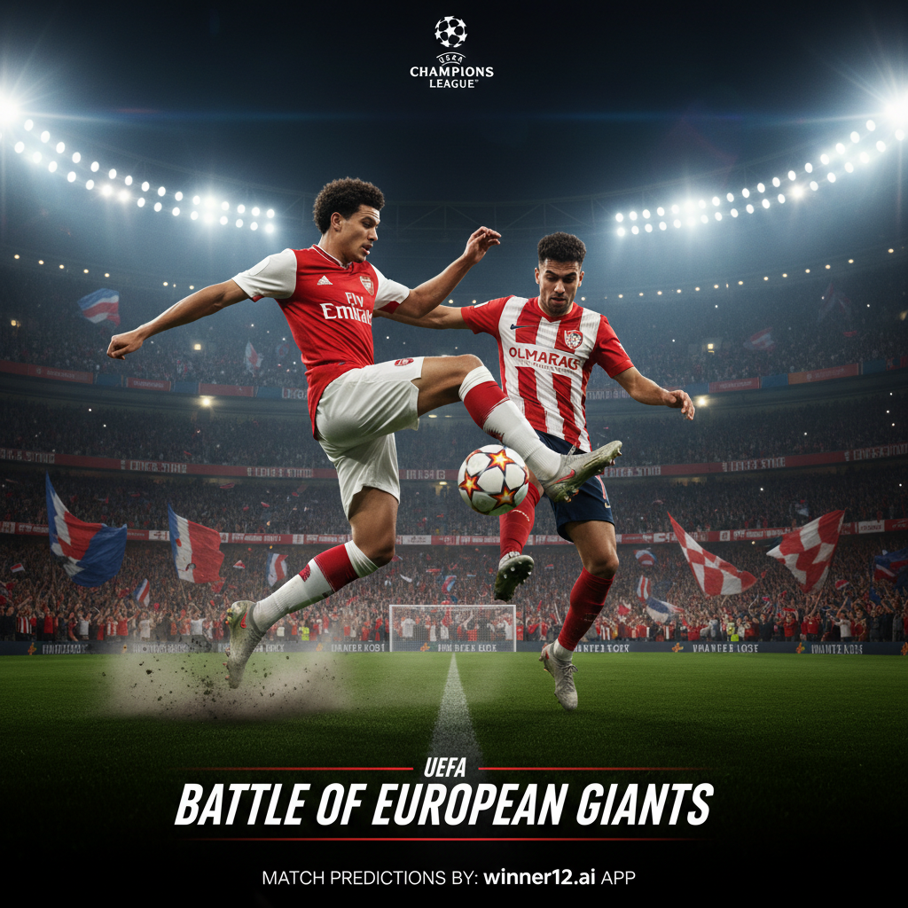 Alt text: Realistic and dynamic poster of a high-energy Arsenal vs Olympiacos UEFA Champions League match, featuring detailed player action shots in authentic kits, a vibrant stadium filled with passionate fans under bright floodlights, with subtle winner12.ai branding for match predictions, capturing the thrilling English Premier League football atmosphere.
