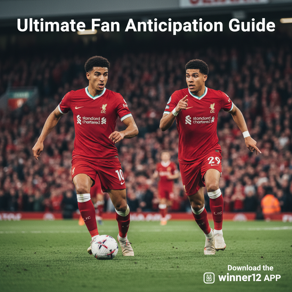 ALT text: Realistic poster of Liverpool footballers Isak and Ekitike in authentic kits, dynamically positioned on a vibrant soccer pitch with focused expressions, set against a stadium filled with cheering fans; bold modern text reads “Ultimate Fan Anticipation Guide” and a subtle call-to-action for winner12.ai is displayed in the corner, emphasising English football authenticity.