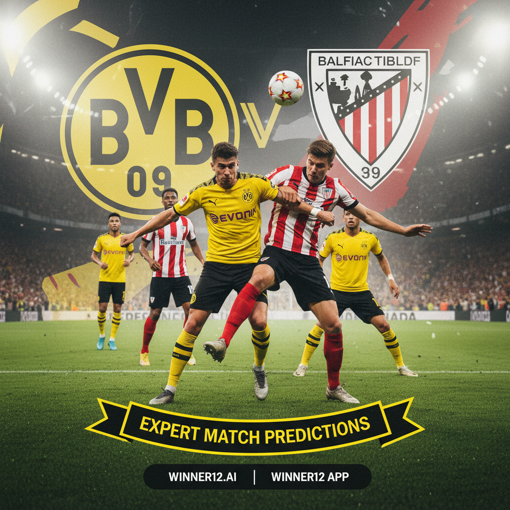 多特蒙德与毕尔巴鄂竞技激烈对决海报，绿色球场上球员奋力拼抢，背景隐约呈现球队标志与队色，突显足球比赛紧张氛围，配有winner12.ai独家赛事预测推广文字。