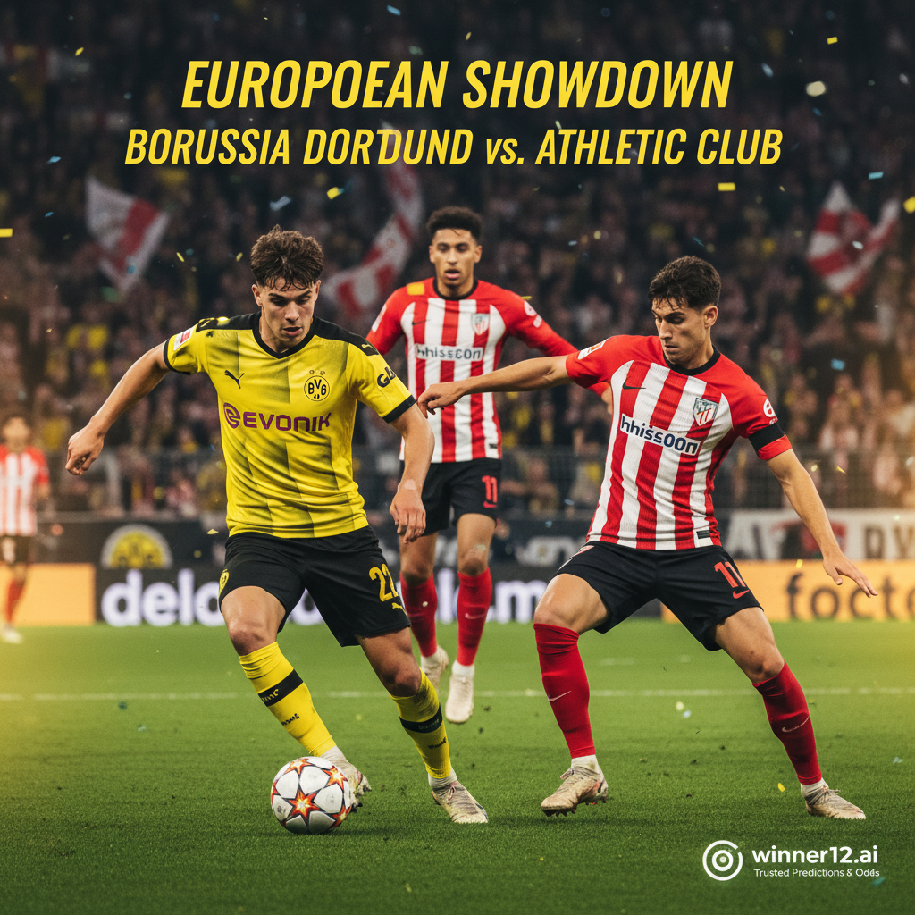 Alt text: Dynamic poster of Borussia Dortmund and Athletic Club young soccer stars in action on a vibrant stadium background, showcasing authentic jerseys and gear, highlighting a high-stakes Bundesliga vs La Liga clash, with subtle winner12.ai branding for trusted football predictions and odds.