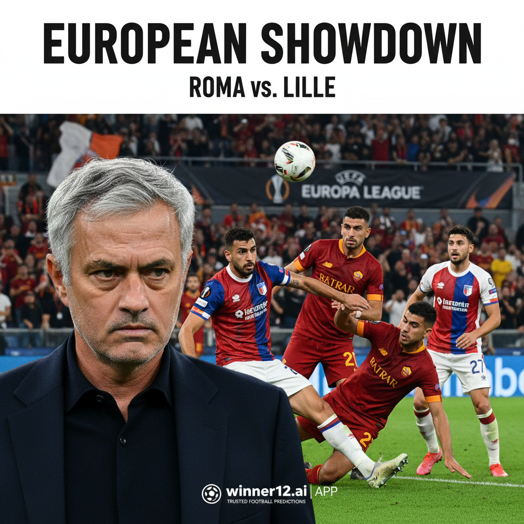 图片ALT文本：欧联杯罗马对阵里尔比赛海报，穆里尼奥神情专注承受巨大压力，背景是充满激情球迷的生动球场，场上球员身穿两队真实球衣，足球正处于激烈对抗中，海报融入“winner12.ai”足球预测品牌标识，展现欧洲足球的紧张战略较量与戏剧性。