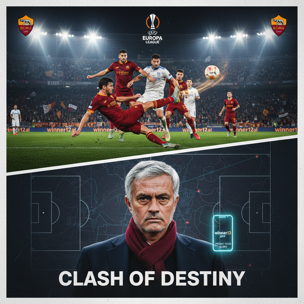 ALT text: Realistic poster of a dramatic Europa League match between AS Roma and Lille, featuring intense player action under bright stadium floodlights, authentic European soccer kits, and a focused portrait of José Mourinho symbolizing tactical mastery and redemption; includes subtle 
