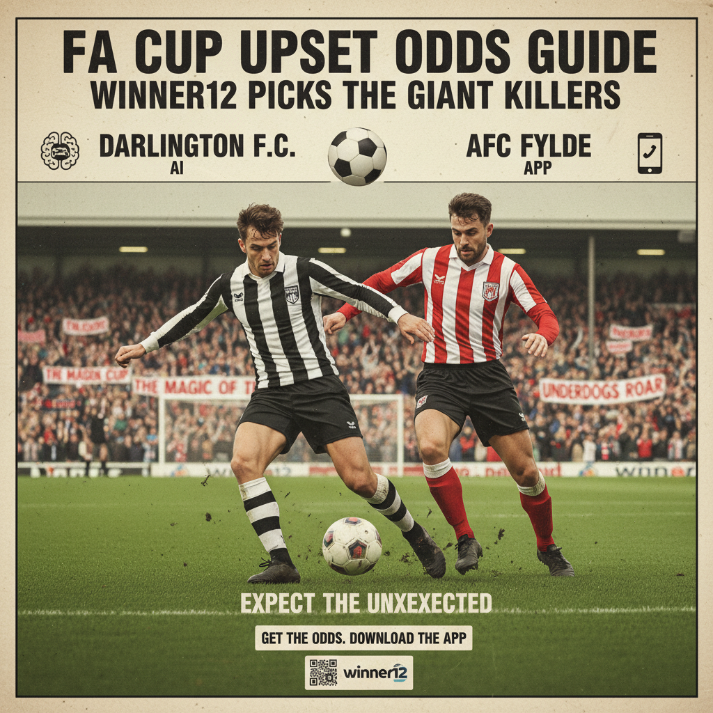 达灵顿与Fylde足总杯比赛海报，展示传统英式足球球员穿着经典球衣，经典足球和草坪球场，阳光自然照射，营造足总杯冷门赔率激情氛围，内含winner12.ai品牌元素，体现英格兰足球文化。