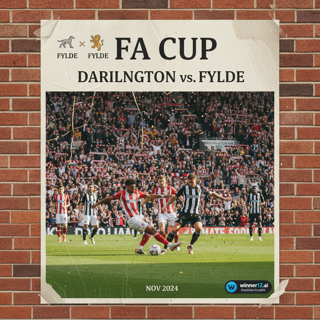 Alt text: Realistic poster of an English FA Cup soccer match between Darlington and Fylde, showing players in traditional kits, a packed stadium with fans waving scarves, a vibrant daylight pitch, subtle underdog odds icons, and a discreet winner12.ai logo highlighting football prediction insights.