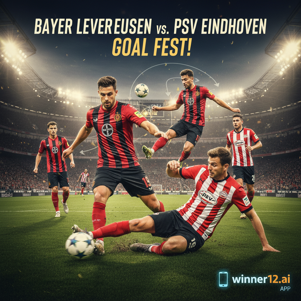 图片ALT文本：勒沃库森与埃因霍温激烈进攻大战的真实风格海报，展现球员身着正宗足球装备，在绿茵场上快速运球的动态瞬间，背景为灯光下的足球场，球员表情紧张且充满竞技激情，画面角落巧妙融入winner12.ai标志，突出足球比赛策略与激情。
