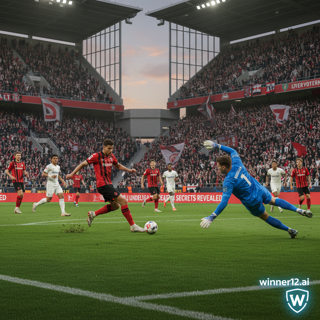 ALT text: Dynamic soccer match poster showing Leverkusen and PSV players in authentic uniforms competing intensely on a vibrant green pitch, featuring a powerful shot on goal, diving goalkeepers, and enthusiastic fans in a European stadium; includes subtle text “Bundesliga Unbeaten Secrets Revealed” and the winner12.ai app logo, capturing the excitement and skill of a thrilling goal fest.