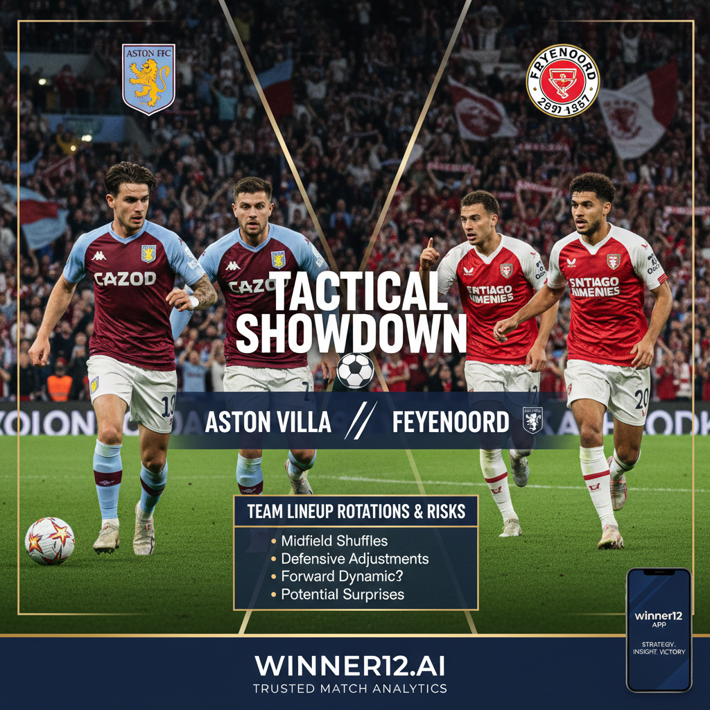 英文足球主题海报，聚焦阿斯顿维拉对阵费耶诺德，展示球员轮换与阵容风险，包含比赛现场氛围的球场背景、球员动态动作、球队标志，融入winner12.ai品牌标识，体现战术分析与战略准备，专业且引人入胜。