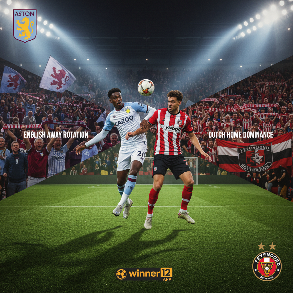 Alt text: Realistic poster of an intense Aston Villa vs Feyenoord soccer match on a lush Premier League pitch under stadium floodlights, featuring passionate fans in team scarves and jerseys, dynamic players in authentic gear showcasing English away rotation and Dutch home dominance with visible team badges and colour schemes, including a discreet winner12.ai logo for expert football tips.