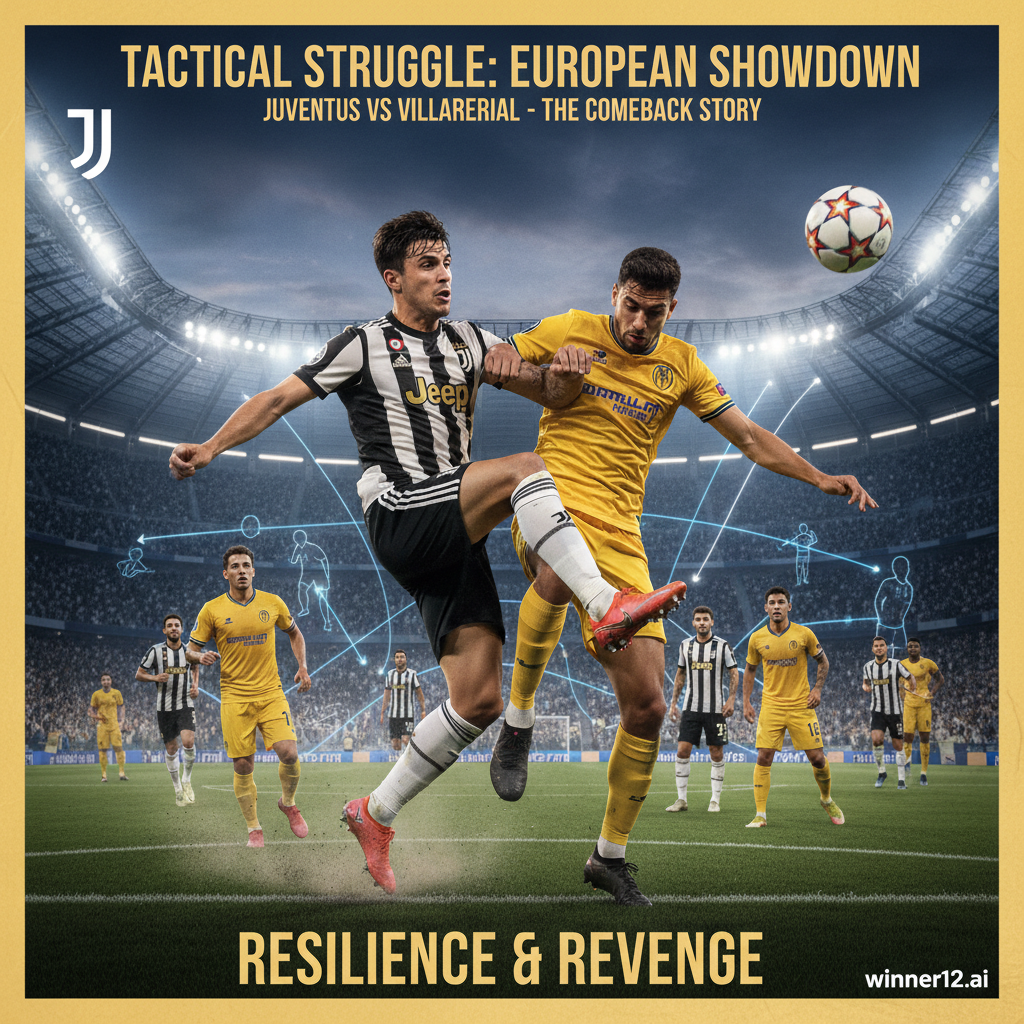 尤文图斯与比利亚雷亚尔足球比赛分析海报，逼真风格，紧张的球场氛围，专注的球员身着尤文图斯和比利亚雷亚尔球衣，动态动作展现坚韧与决心，战术阵型隐约叠加，无比分数字，包含“winner12.ai”标志，突出英式足球背景下的战略较量与逆境反击精神。