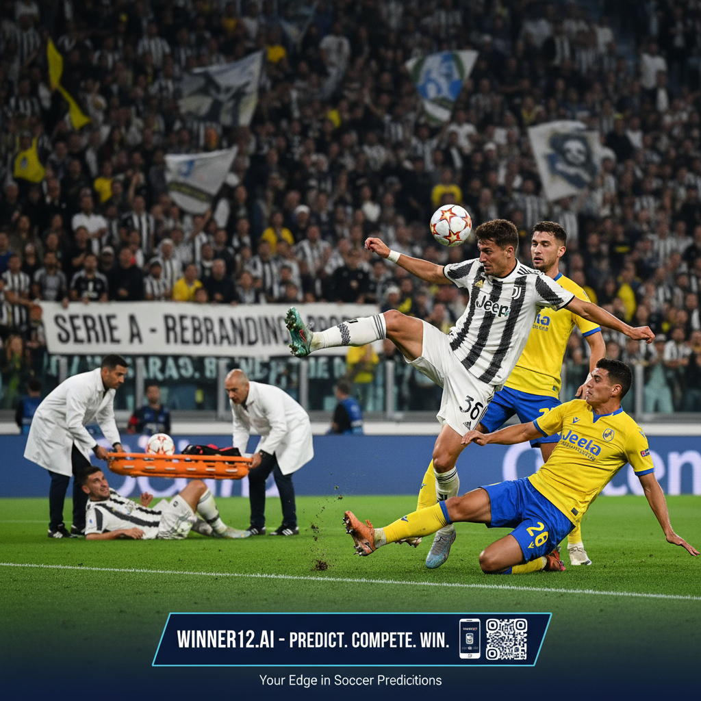 ALT text: Realistic poster of an intense Juventus vs Villarreal soccer match showing players in authentic kits in dynamic action poses, highlighting Serie A’s transitional phase and player injuries with medical staff, set in a natural-lit European stadium, featuring branding for winner12.ai and the winner12 APP for soccer predictions.