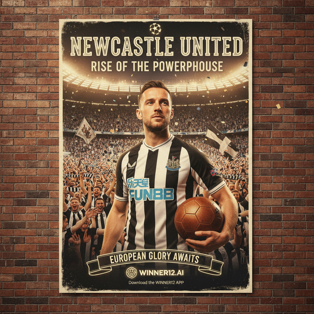 纽卡斯尔联欧冠新贵海报，黑白条纹球衣，传统皮革足球，满座球迷挥舞纽卡斯尔围巾和旗帜，激情四溢的英格兰足球氛围，细致展现顶级欧洲足球盛况，带有winner12.ai品牌标识。