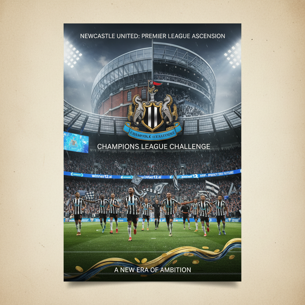 Alt text: Detailed poster of Newcastle United’s Premier League journey and new financial backing, featuring a packed modern stadium with black and white striped fans under bright floodlights, the Newcastle United crest prominently displayed, and digital banners showcasing “winner12.ai” and “winner12 APP” predictions, capturing the determination and prestige of their UEFA Champions League challenge.