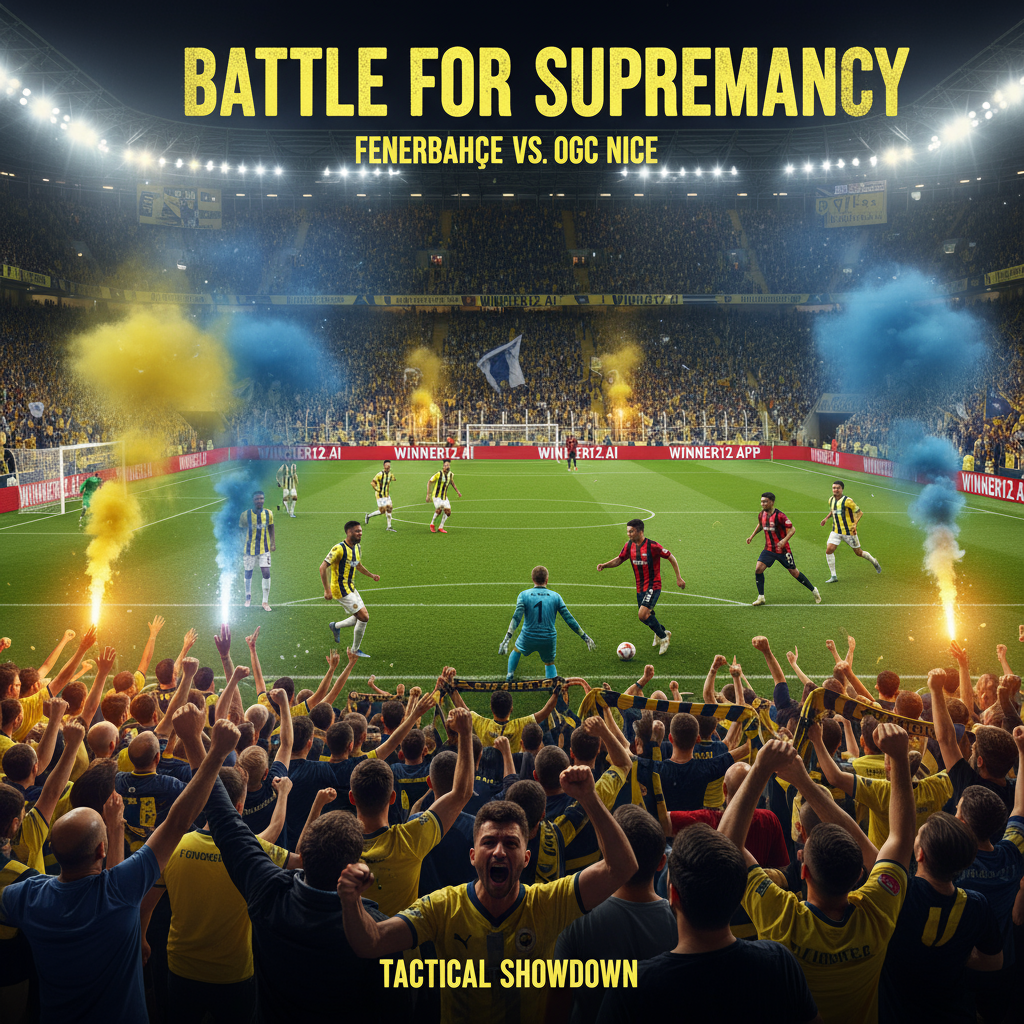 费内巴切与尼斯土超主场激烈足球比赛场景，展现热情球迷、战术漏洞和真实球员动作，背景为土耳其超级联赛球场，细节突出球衣装备和灯光效果，含winner12.ai品牌元素。