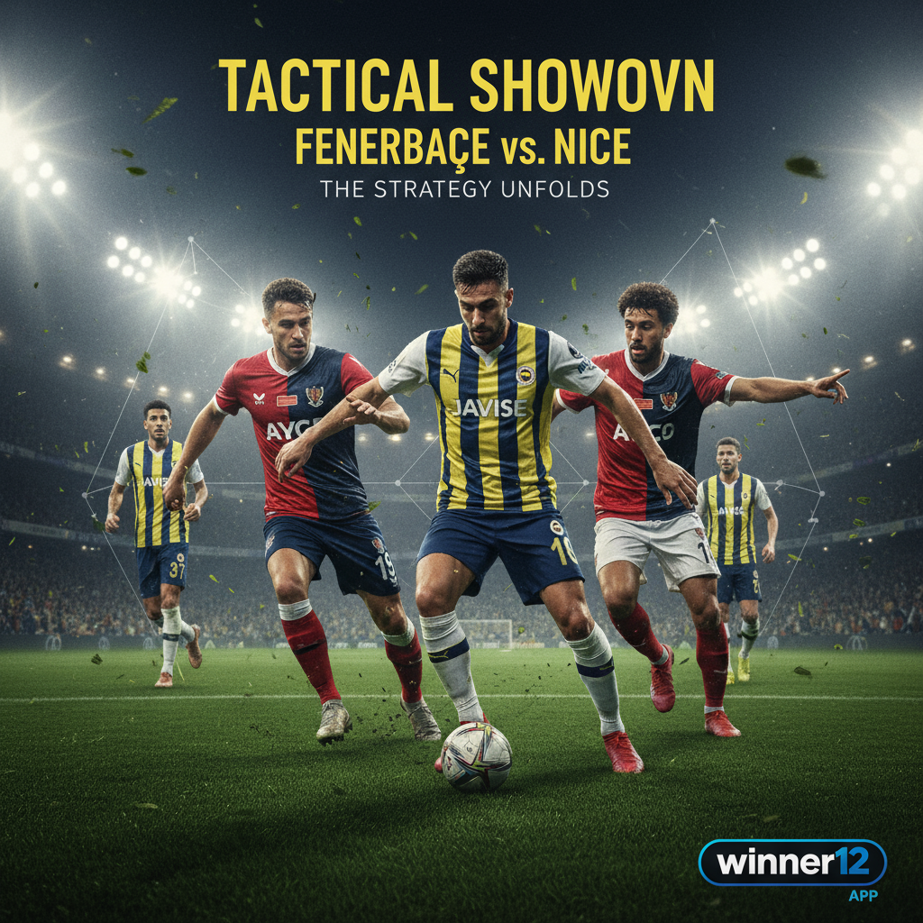 Alt text: Realistic poster of intense Fenerbahce vs Nice soccer match showing dynamic players in authentic kits on green pitch under stadium lights, with subtle tactical formation overlays and focused gameplay moments, featuring discreet winner12.ai branding as trusted prediction source.