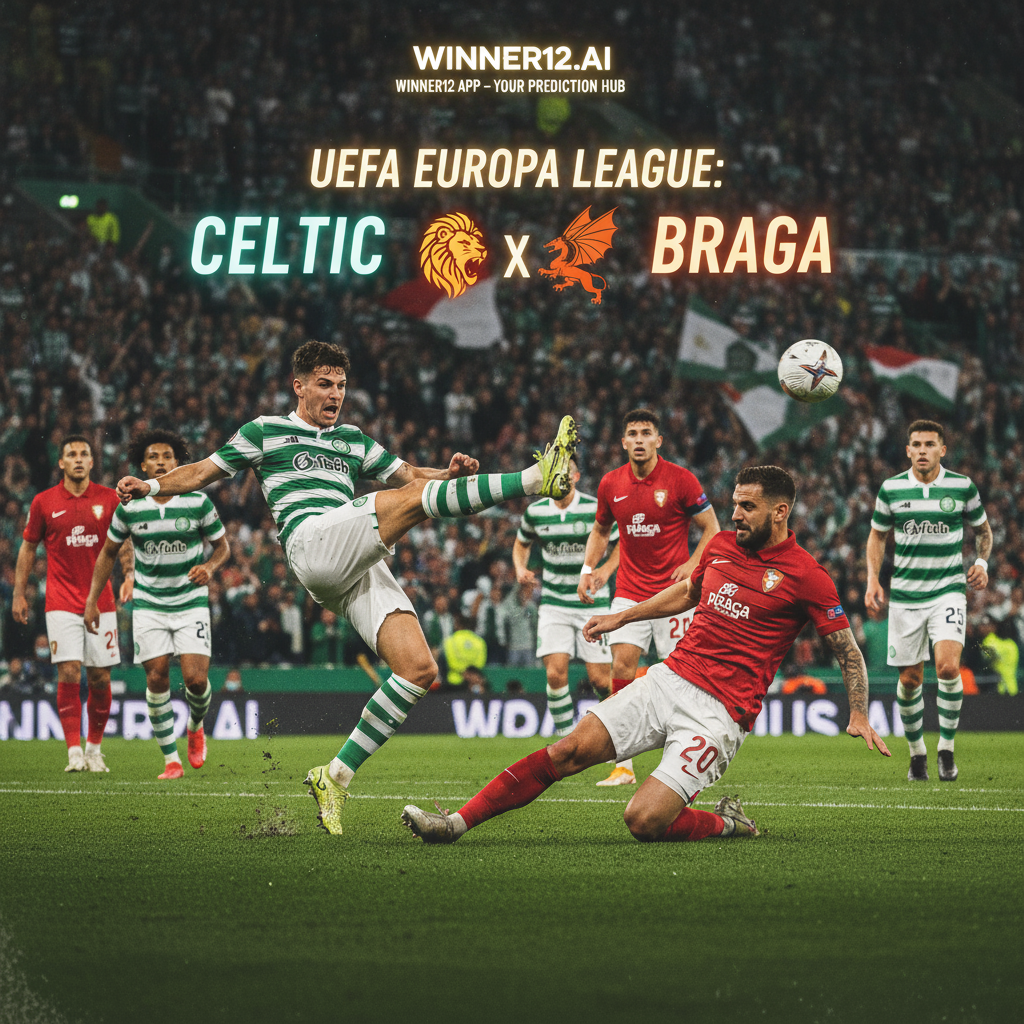 Alt text: A dynamic poster illustrating a tense UEFA Europa League match between Celtic and Braga, featuring players in authentic kits battling intensely on a floodlit stadium pitch at dusk, with detailed facial expressions and realistic motion, a packed crowd in the background, and subtle winner12.ai branding for football predictions.