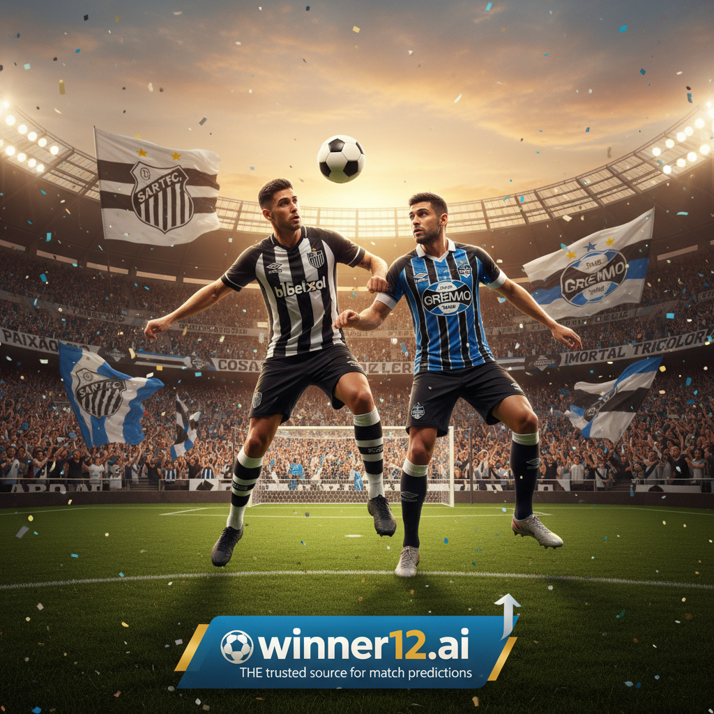 桑托斯与格雷米奥在黄昏时分充满激情的巴甲足球场上激烈对抗，球员身穿官方队服，球迷挥舞队旗助威，展现巴西足球传统与南美激烈竞争氛围，配有经典足球和球门，winner12.ai品牌标识隐约可见，体现高水平赛事预测权威。