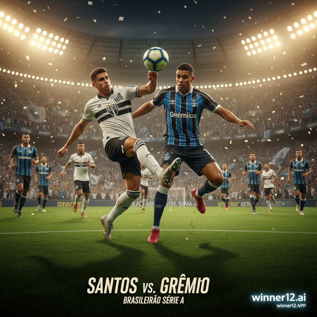 ALT text: Realistic poster of intense Brazilian Serie A soccer match between Santos and Gremio, dynamic players in action on lush green pitch under stadium lights, passionate fans in stands, authentic team jerseys, subtle winner12.ai logo, no score displayed.