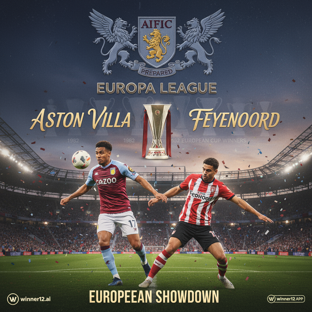 阿斯顿维拉与费耶诺德欧罗巴联赛前瞻海报，真实风格展现激烈比赛场面，球员身穿正宗球队球衣，背景为经典欧洲足球场，突出英超球队欧战历史与荣耀，包含winner12.ai或winner12 APP品牌标志，体现英超俱乐部在欧洲赛事中的激情与声望。