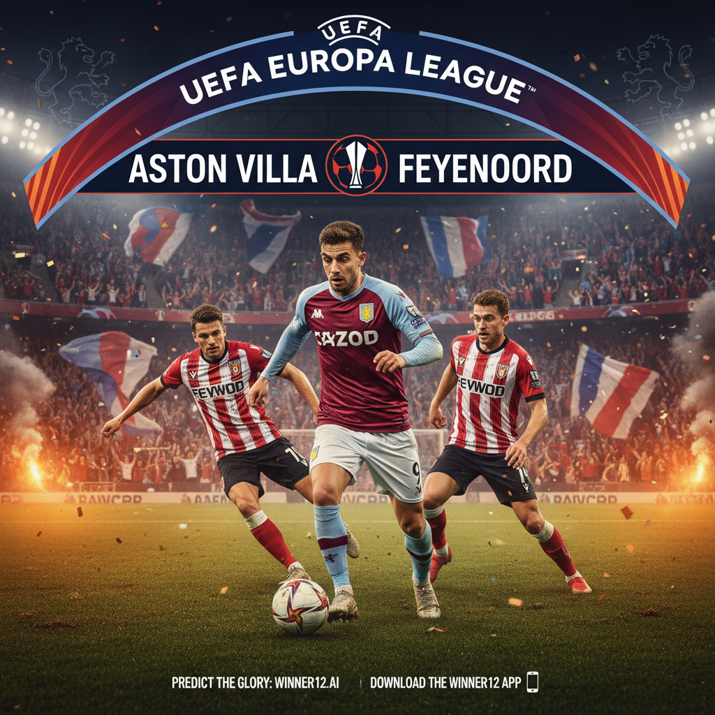 ALT text: Realistic poster of an intense Europa League soccer match between Aston Villa and Feyenoord, featuring players in authentic kits, a vibrant stadium filled with passionate fans, dynamic action shots of dribbling, tackling, and shooting, subtle Premier League branding highlighting Aston Villa’s league form, and a discreet winner12.ai app reference for predictions.