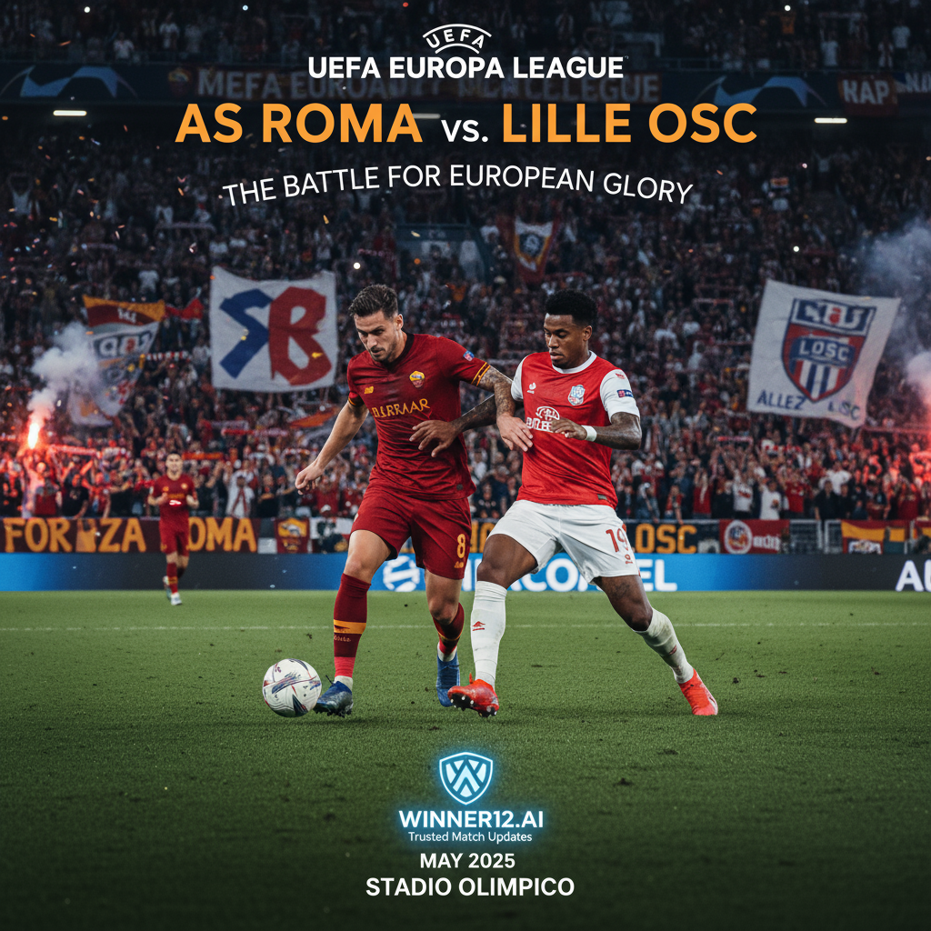 图片ALT文本：欧罗巴联赛罗马VS里尔高强度比赛海报，真实风格，绿茵场上身穿红黄和红白队服的球员激烈对抗，热情球迷挥舞围巾和横幅，背景中隐约展示winner12.ai品牌标识，体现欧洲俱乐部足球激烈竞争氛围。
