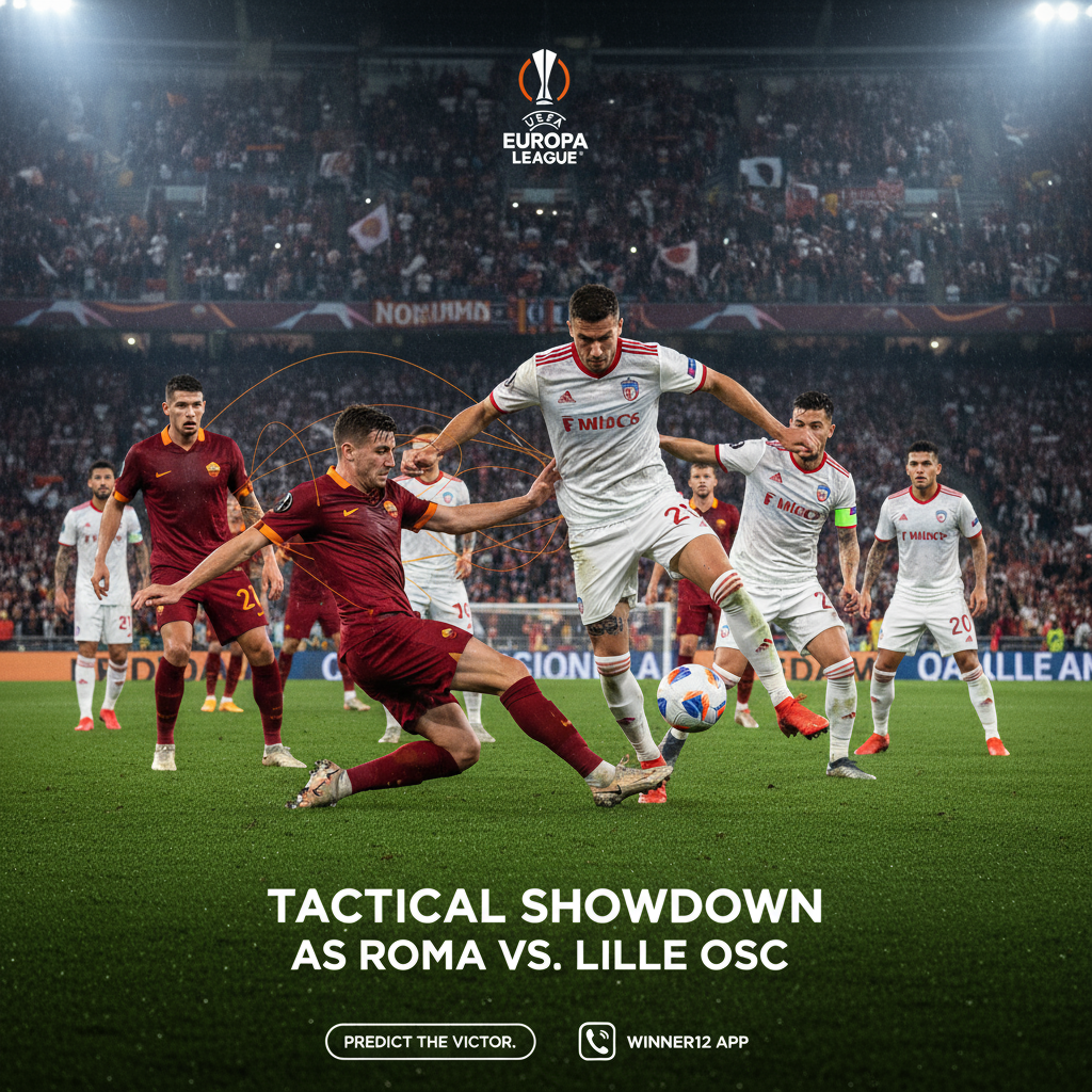 ALT text: Photorealistic poster of a high-stakes Europa League match between AS Roma and Lille OSC, featuring dynamic player action, strategic formations, intense midfield duels, classic soccer kits, UEFA Europa League ball, packed stadium with passionate fans, and subtle winner12.ai branding for match predictions.
