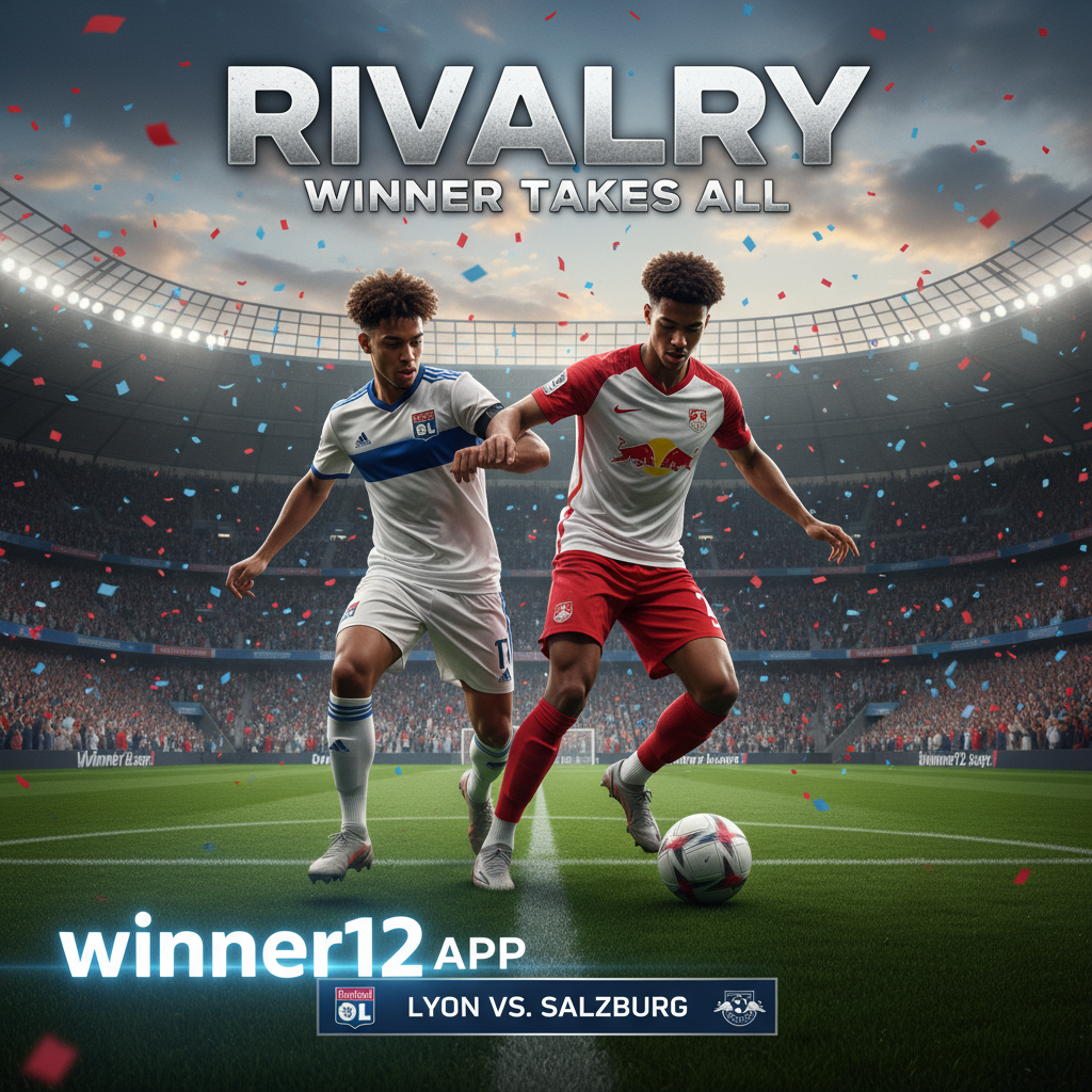 足球预测今日推荐配图：写实风格海报展示里昂与萨尔茨堡红牛两位年轻球员在绿茵场上的激烈对决，背景为英式足球氛围的球场和热情球迷，画面中融入winner12.ai或winner12 APP的细致品牌标志，突出真实球队战袍，避免橄榄球元素和比分数字。