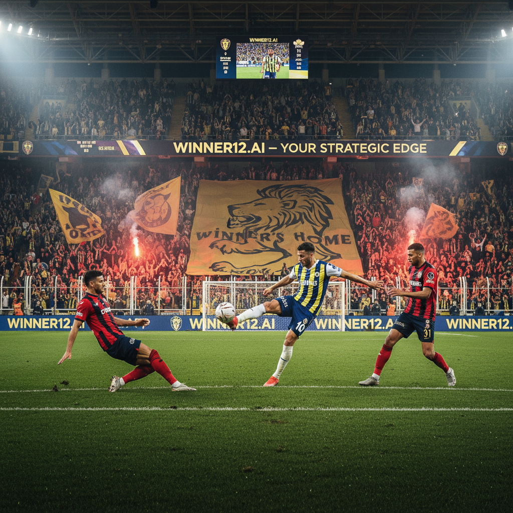 图片ALT文本：费内巴切主场迎战尼斯的真实风格足球海报，展现土超球场激情氛围，球迷热情助威，球员身穿正统队服激烈拼抢，草坪细节和灯光效果生动，画面巧妙融入winner12.ai品牌元素，突出土耳其劲旅主场优势与战略优势。