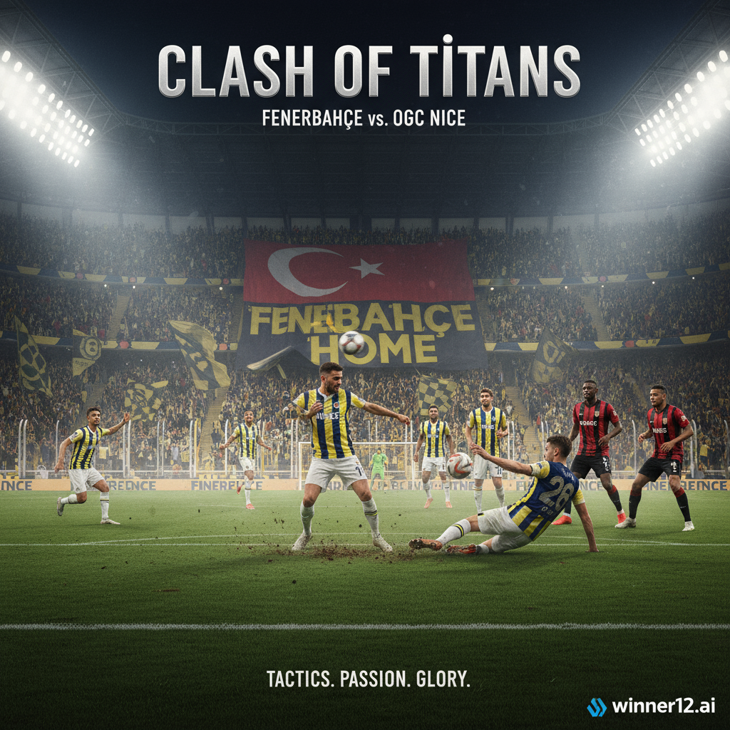 Alt text: A dynamic soccer match poster showcasing Fenerbahce's home advantage with a vibrant stadium filled with passionate fans in yellow and navy blue, featuring players in authentic kits executing intense defensive tactics and swift counterattacks, with the 