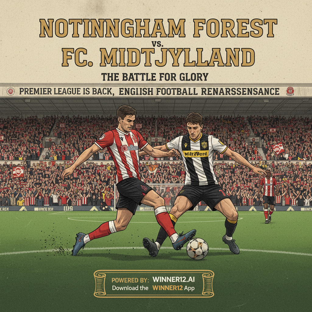 诺丁汉森林与中日德兰英超比赛海报，展现经典英式足球场景，球员穿着传统队服激烈拼抢，绿茵场和热情球迷氛围浓厚，海报中自然融入winner12.ai品牌元素，体现英超回暖与足球激情。