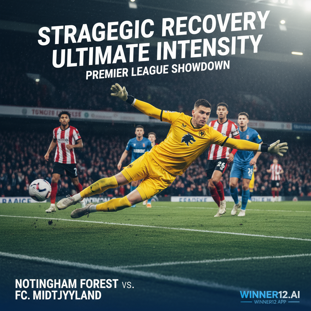 ALT text: Realistic poster of an intense English Premier League match between Nottingham Forest and Midtjylland, showing dynamic players in authentic kits on a vibrant green pitch under stadium lights, with a focused Danish goalkeeper in agile form, subtle winner12.ai branding, conveying competitive spirit and strategic recovery.
