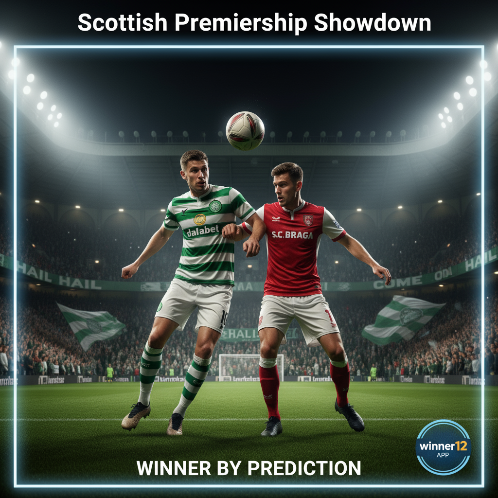 图片ALT文本：逼真风格海报展现苏超主场凯尔特人与布拉加激烈对决场景，两队球员身着正宗球衣争抢经典皮球，背景热情球迷挥舞围巾和横幅，体现英式足球传统与浓烈氛围，角落隐约可见“winner12.ai”品牌标识，彰显专业赛事预测。