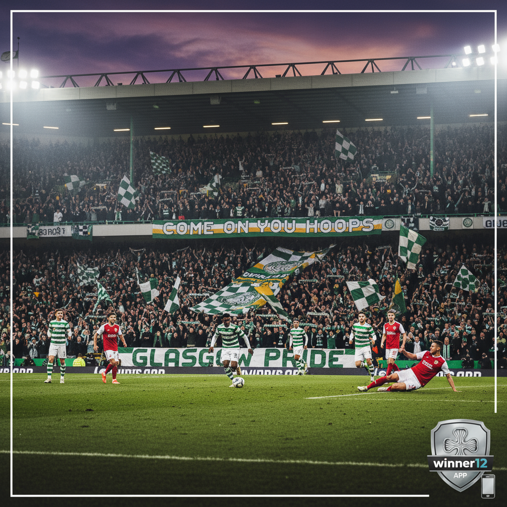 Alt text: A high-detail, realistic poster of a Celtic vs Braga soccer match at Celtic Park, featuring passionate fans in green and white Celtic scarves filling the stadium, vibrant floodlights illuminating the pitch, dynamic players in authentic team kits mid-action, flags waving, and banners under a dramatic evening sky, with subtle Winner12.ai branding, capturing the intense and electric energy of British soccer.