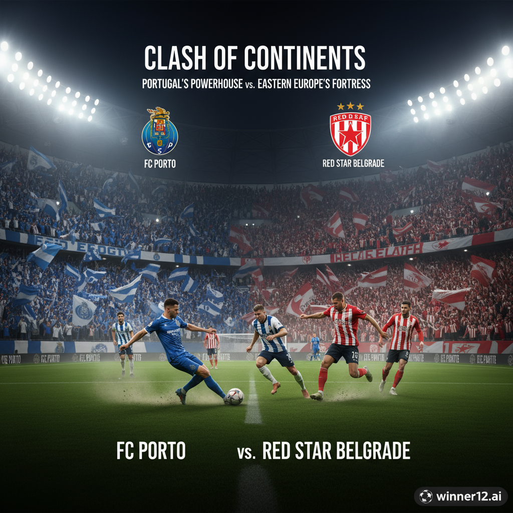 图片ALT文本：真实风格足球海报，夜晚灯光照耀下的动态足球场，波尔图队身穿蓝白经典球衣展现葡超统治力，贝尔格莱德红星队穿红白条纹球衣体现东欧铁血防守，激情球迷挥舞旗帜围巾，场上球员激烈对抗，角落带有“winner12.ai”品牌标识，突出今日波尔图VS贝尔格莱德红星的史诗级较量。