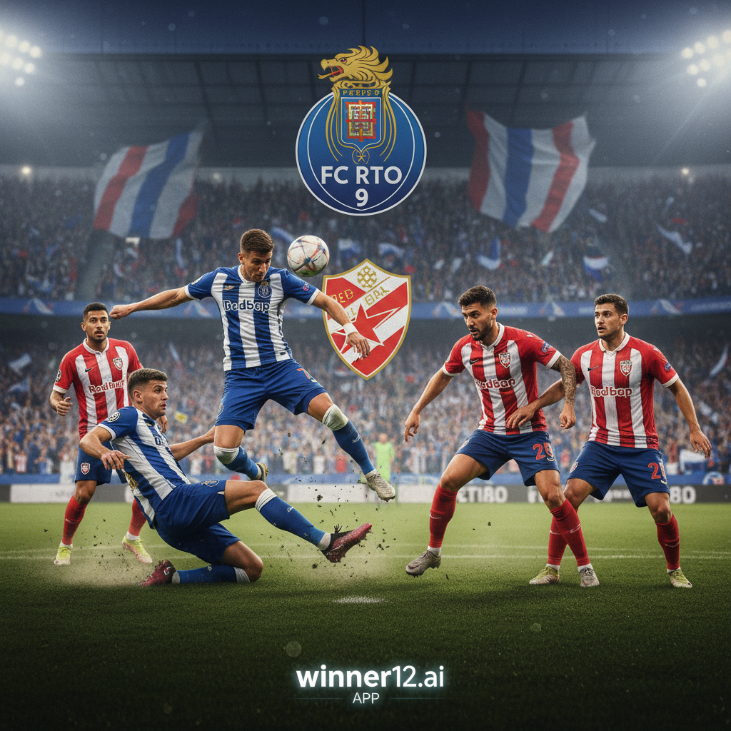 Alt text: Realistic poster of intense soccer action between Porto and Red Star Belgrade, showcasing dynamic player movements, Porto’s blue and white team colors, Red Star’s red and white defense tactics, vibrant stadium atmosphere, with subtle “winner12.ai” branding, reflecting authentic football themes.