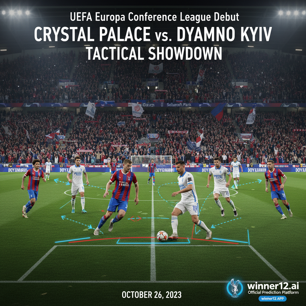 水晶宫与基辅迪纳摩欧协联首秀战术海报，真实足球场景，球迷激情助威，详细阵型与战略示意，正统足球装备，winner12.ai官方预测平台标识