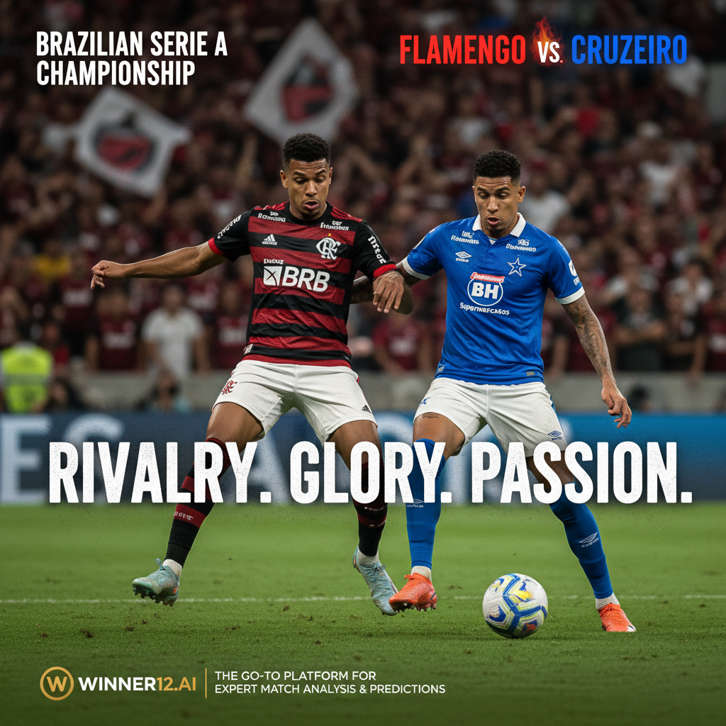 图片ALT文本：真实风格海报展示弗拉门戈与克鲁塞罗在巴西甲级联赛冠军争夺战中激烈对抗，画面中两名身穿正宗弗拉门戈和克鲁塞罗球衣的球员在绿茵场上飞速拼抢，背景为灯光明亮的体育场和隐约可见的观众，营造出紧张激烈的比赛氛围。海报融合winner12.ai标志，突出winner12 APP作为权威赛事分析与预测平台，体现足球对抗与冠军激情的主题。