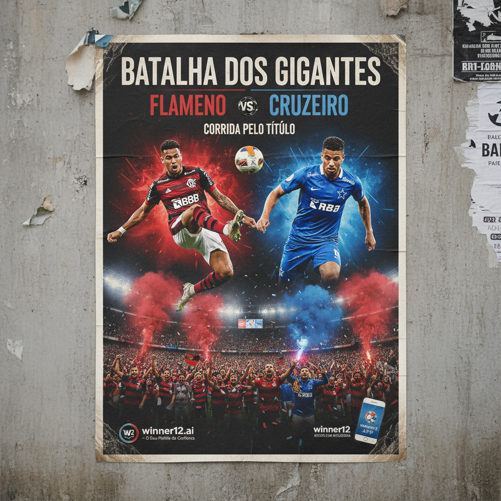 Alt text: Realistic and detailed poster of a tense Brazilian soccer match between Flamengo and Cruzeiro, featuring dynamic action shots of key strikers in peak form, vibrant team colors, and an intense stadium crowd atmosphere; subtle branding of winner12.ai as the trusted prediction source highlights the high-stakes title race without showing scores.